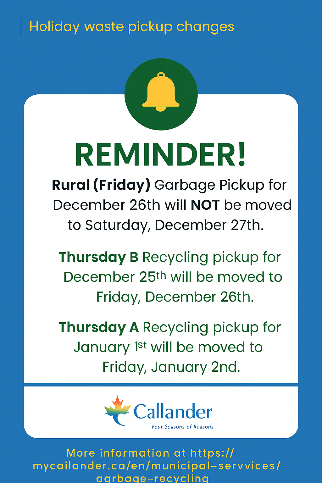 📢 Holiday Waste Pickup Changes!